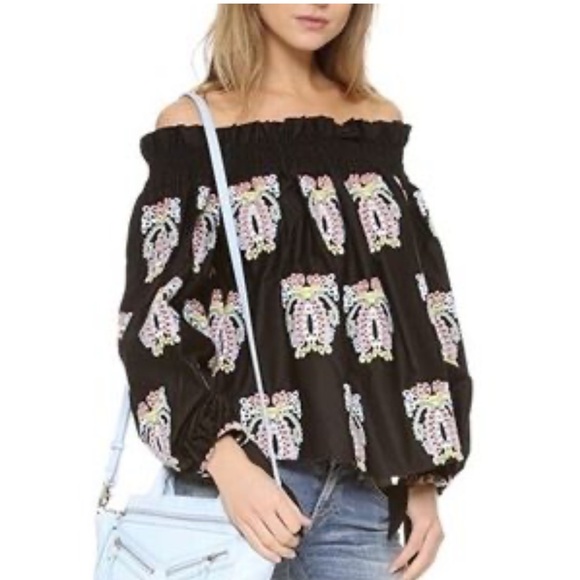 Caroline Constas Lou Embroidered Eyelet Paisley Off Shoulder Top Boho Black, M - Picture 3 of 14